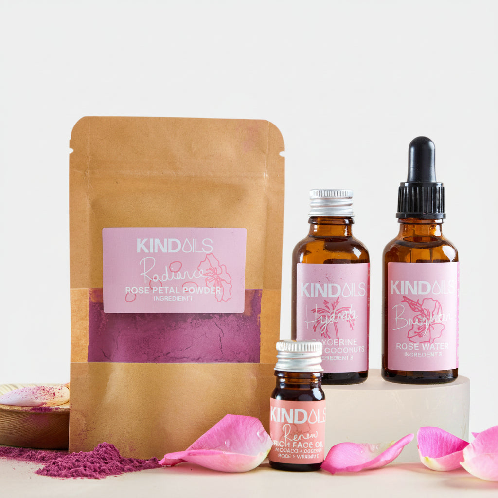 Kind Oils product line with bottles and packaging on a light background