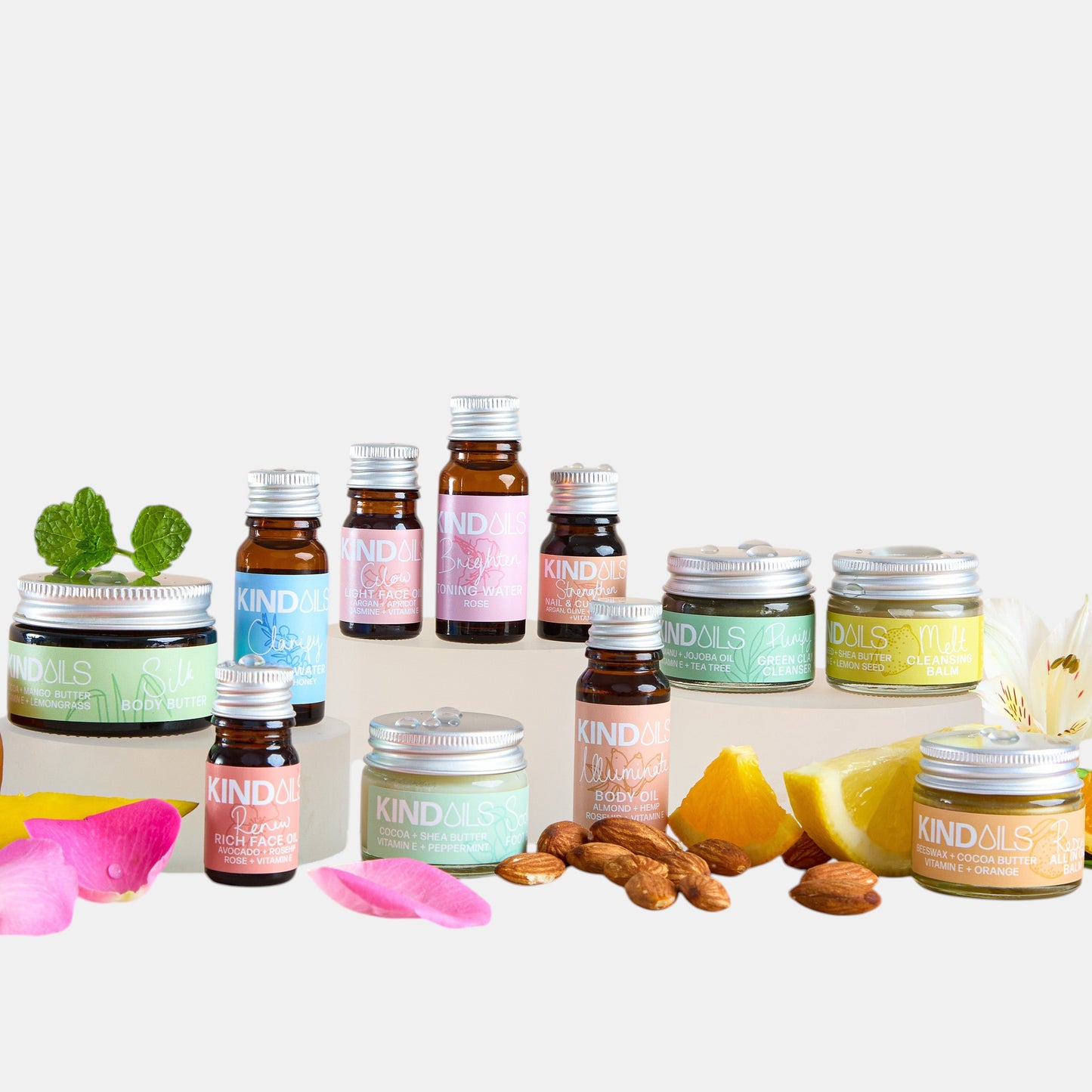 Collection of skincare products with 'Kind & Co' branding on a white background